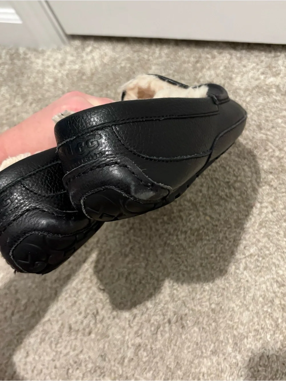 Men's Black Leather Slip-On Shearling Lined Slippers